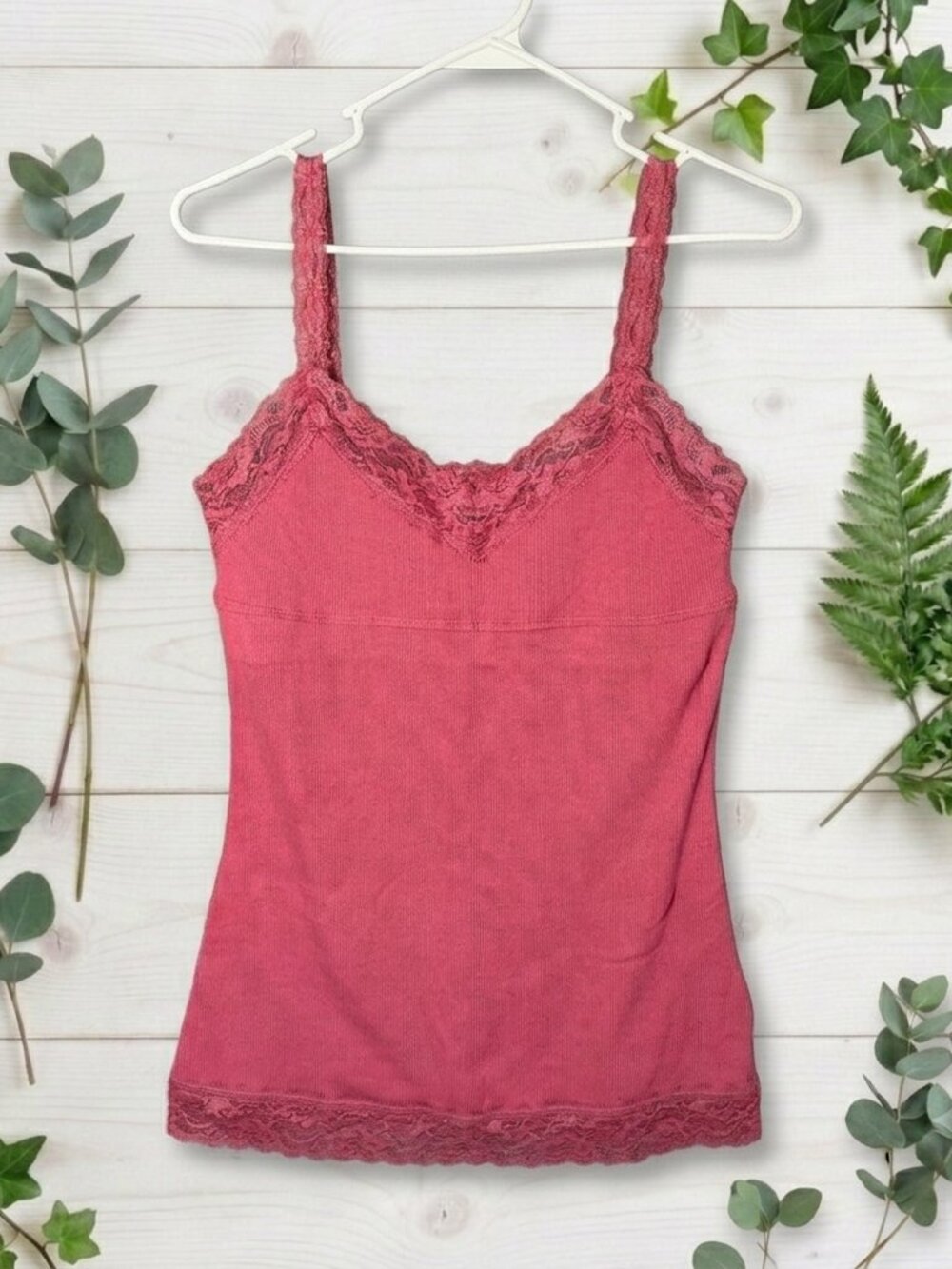 Vintage Y2K Lace Cami L Pink Fitted Built In Bra Cottage Fairy Core Lace Tank - Picture 1 of 7